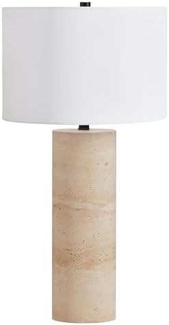 Henn&Hart 29'' Eclectic Table Lamp with White Fabric Shade for Living Room & Bedroom - Natural Travertine Stone, Stylish