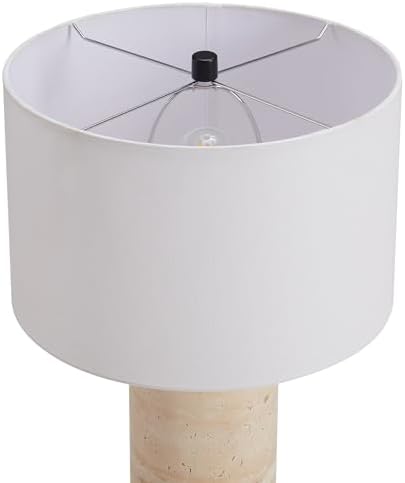 Henn&Hart 29'' Eclectic Table Lamp with White Fabric Shade for Living Room & Bedroom - Natural Travertine Stone, Stylish