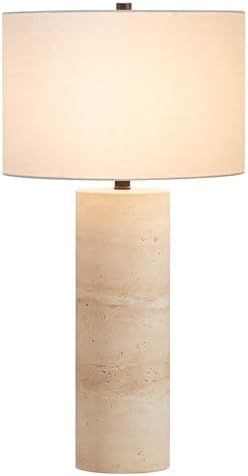 Henn&Hart 29'' Eclectic Table Lamp with White Fabric Shade for Living Room & Bedroom - Natural Travertine Stone, Stylish