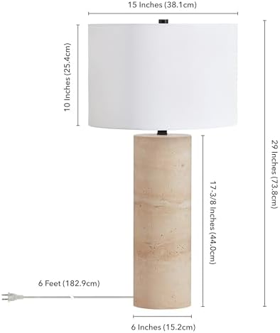Henn&Hart 29'' Eclectic Table Lamp with White Fabric Shade for Living Room & Bedroom - Natural Travertine Stone, Stylish